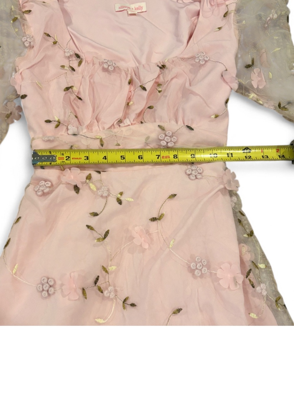 Allison & Kelly Sheer Sleeve Pink Floral Embroidered Mini Dress Mesh Overlay 16 - Picture 8 of 13